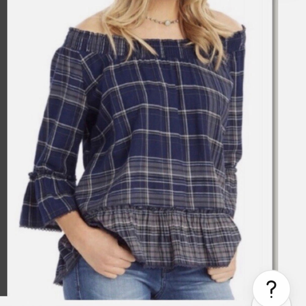 Democracy Navy Blue and Gray Plaid Top